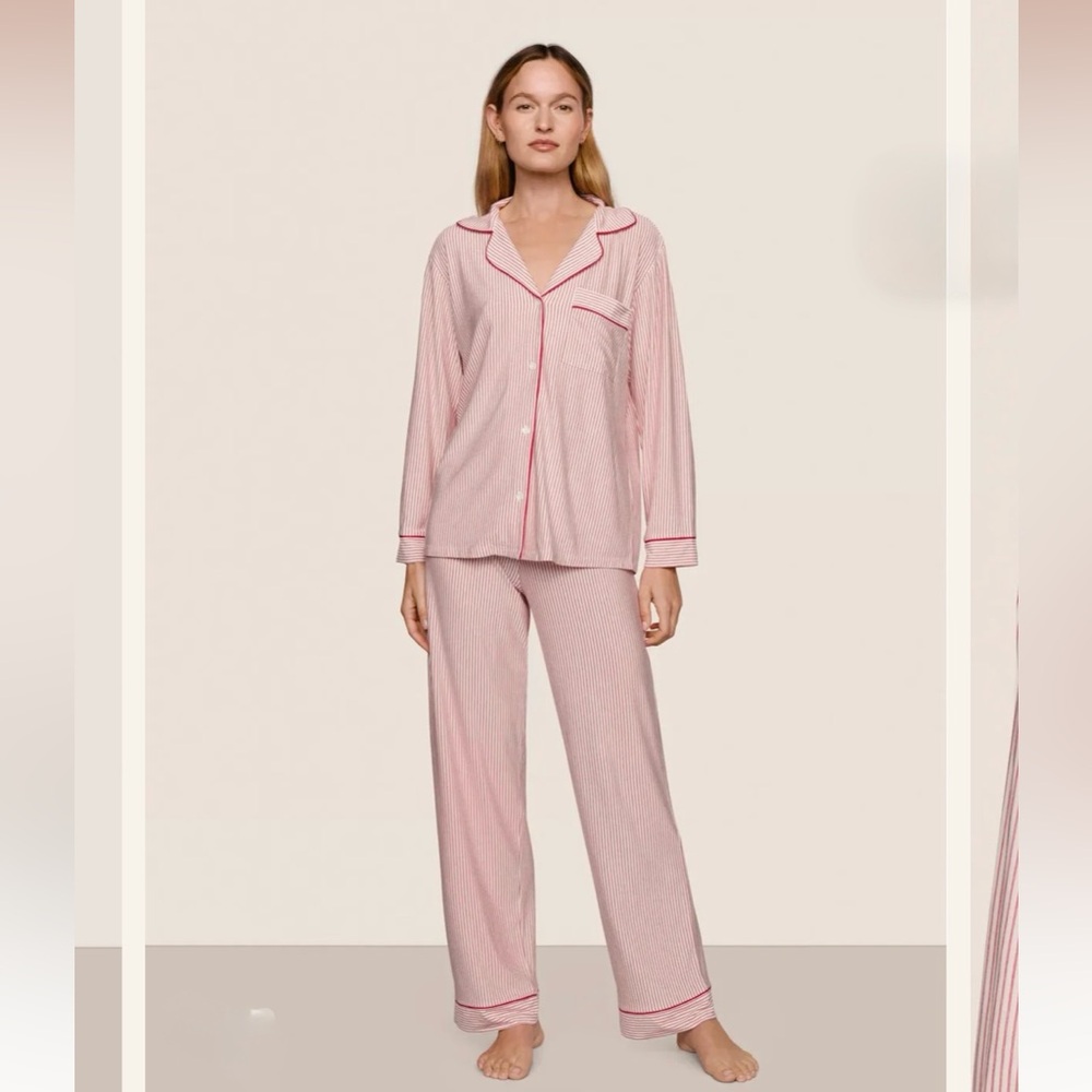 Eberjey Gisele Printed TENCEL Modal Long PJ Set Duo Stripe Holly Red